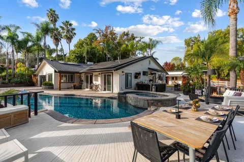 a view of a house with swimming pool and sitting area