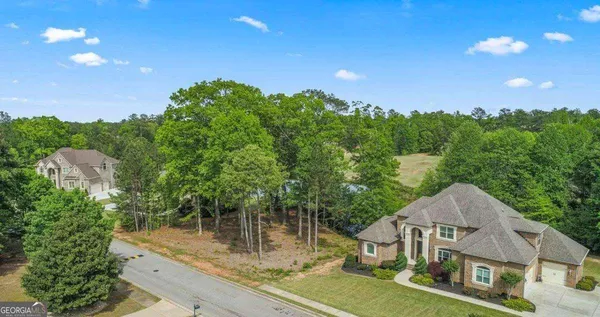 a view of a house with a big yard plants and large trees