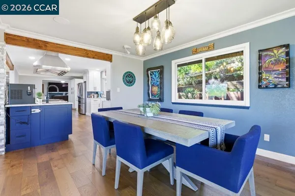 a view of a dining room with furniture window and wooden floor