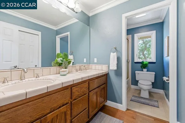 a bathroom with a granite countertop sink a toilet and a mirror