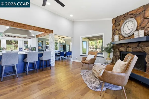 a living room with furniture a fireplace a rug and a window