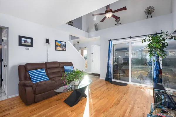 a living room with furniture and a potted plant