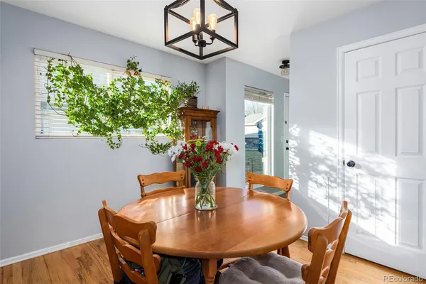 a view of a dining room with furniture and a potted plant