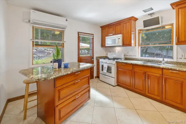a kitchen with stainless steel appliances granite countertop a stove a sink and a microwave