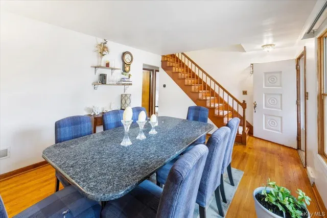 a view of a dining room with furniture