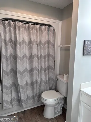 a white toilet sitting next to a shower curtain