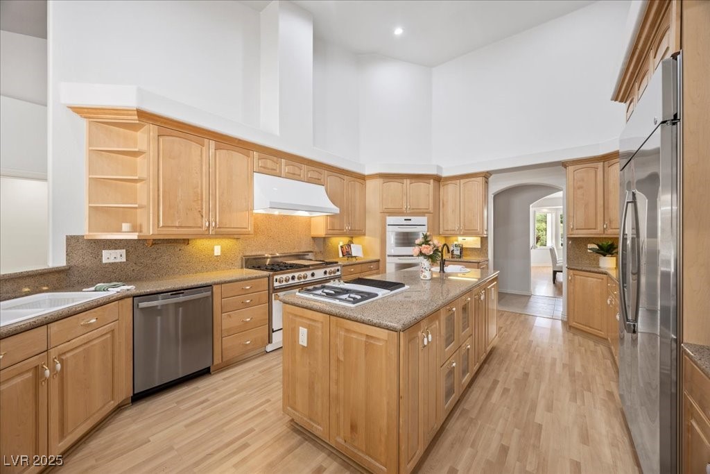 640 Quail Covey Road Henderson, NV 89002 - Photo 25 of 75 Kitchen with stainless steel appliances, under cabinet range hood, arched walkways, a center island with sink, and a towering ceiling