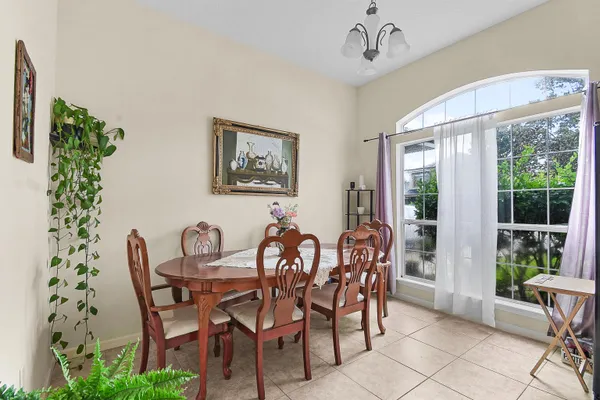 a view of a dining room with furniture window and outside view