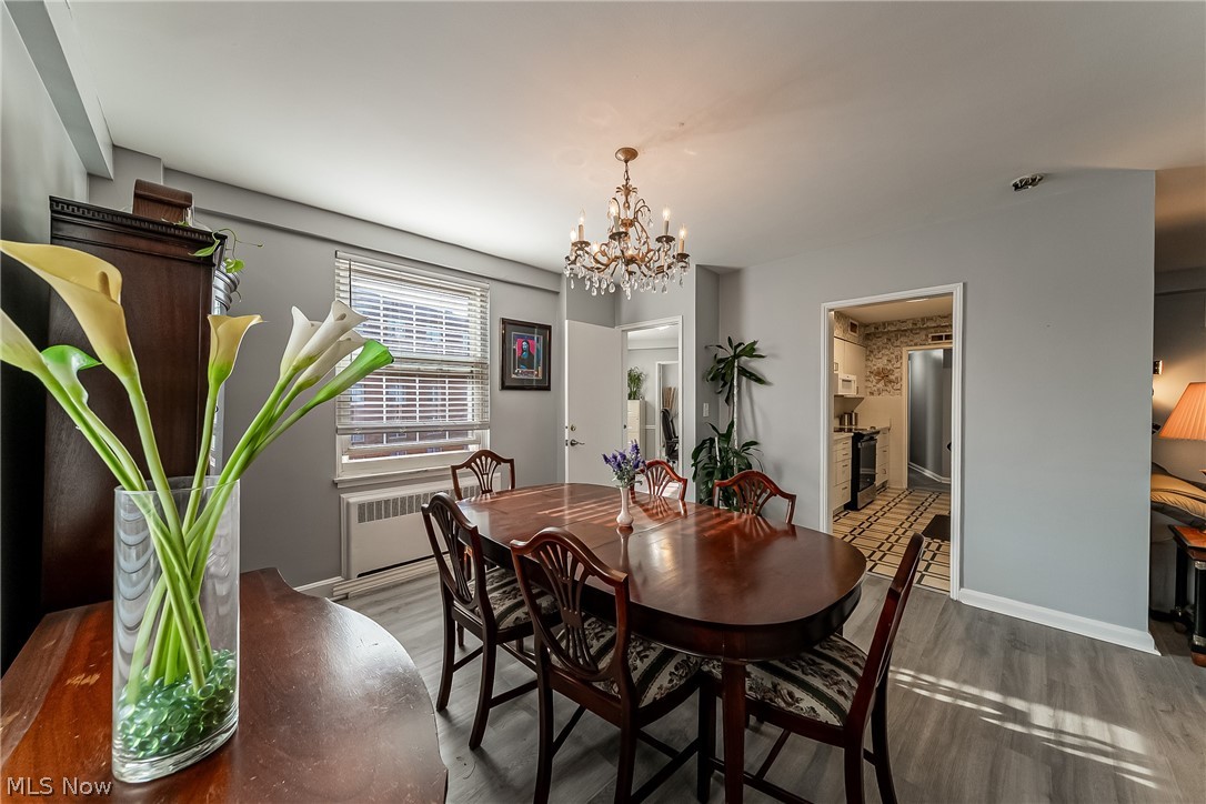 13800 Fairhill Road, Unit 306 Cleveland, OH 44120 - Photo 20 of 48 Dining area featuring wood finished floors, suspended lighting