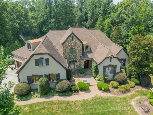 a aerial view of a house with yard and plants