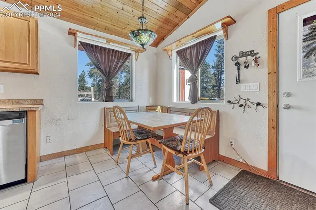 a view of a dining room with furniture and window