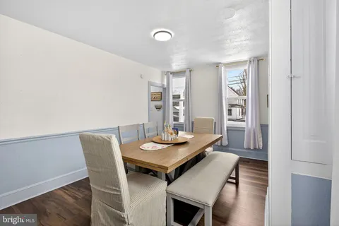a view of a dining room with furniture and window