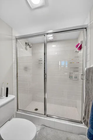 a bathroom with a shower and a toilet