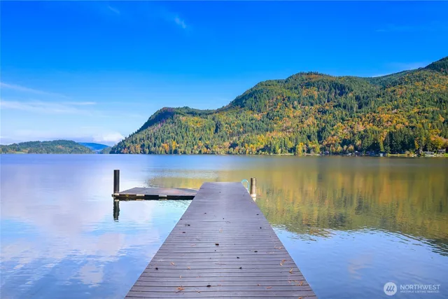 a view of a lake with a mountain in the background