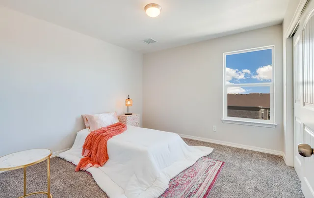 a bedroom with a bed and a window