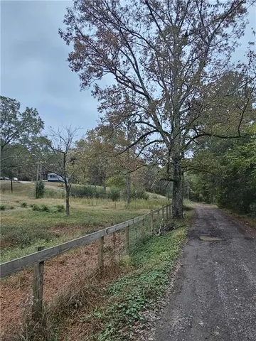 a view of a yard with large trees