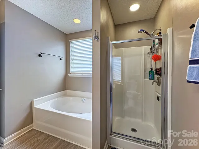 a bathroom with a bathtub and a shower