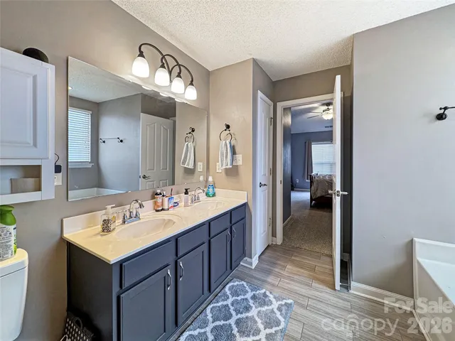 a bathroom with a sink vanity and a mirror