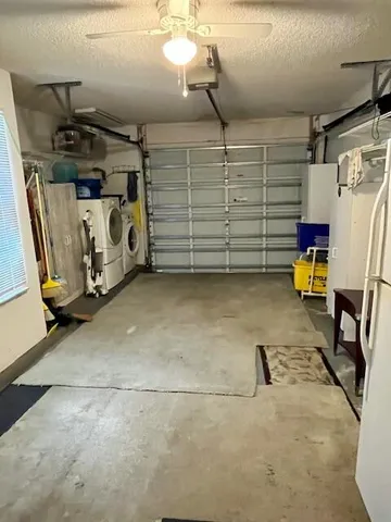 a view of a garage with storage