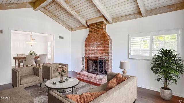 a living room with furniture flower pot and a fireplace