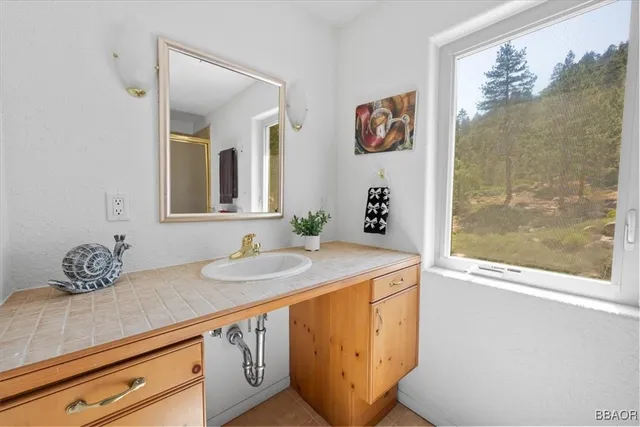 a bathroom with a sink and a mirror