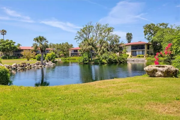 a view of a swimming pool with a yard