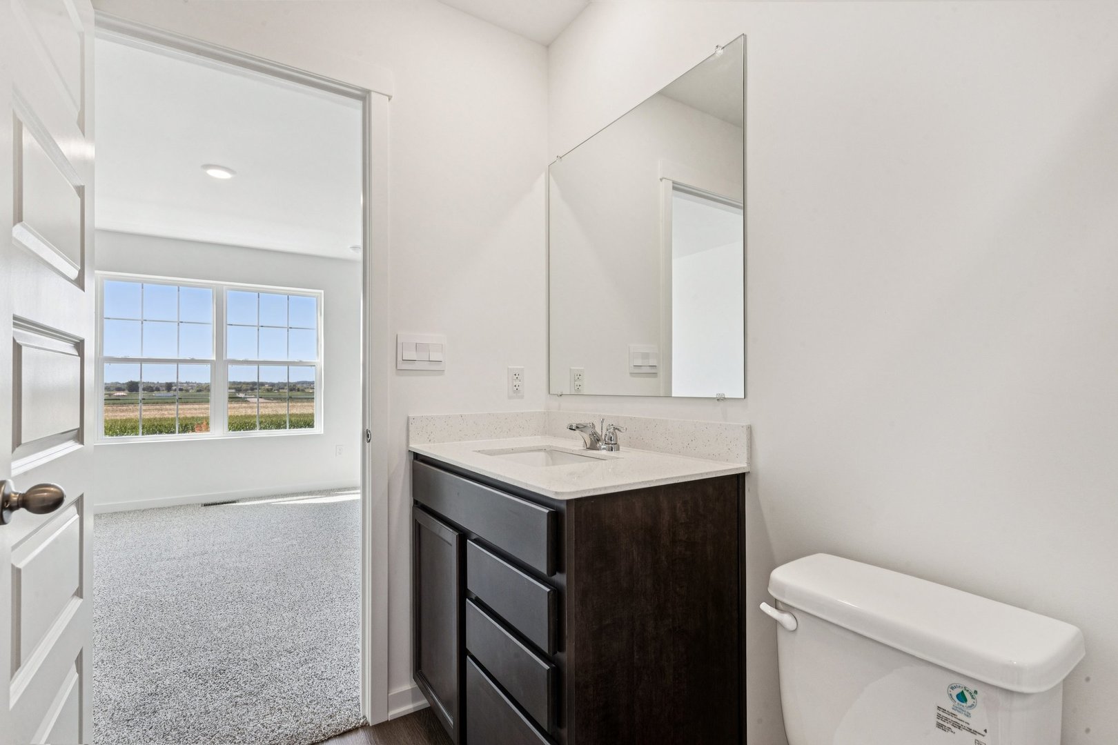 6530 Linden Trail, Unit C Wonder Lake, IL 60097 - Photo 16 of 27 a bathroom with a granite countertop toilet a sink and a mirror