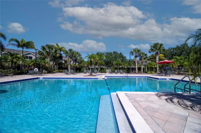 a view of a swimming pool with a yard and plants
