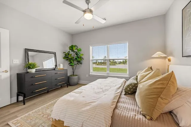 a bed room with a bed and a potted plant