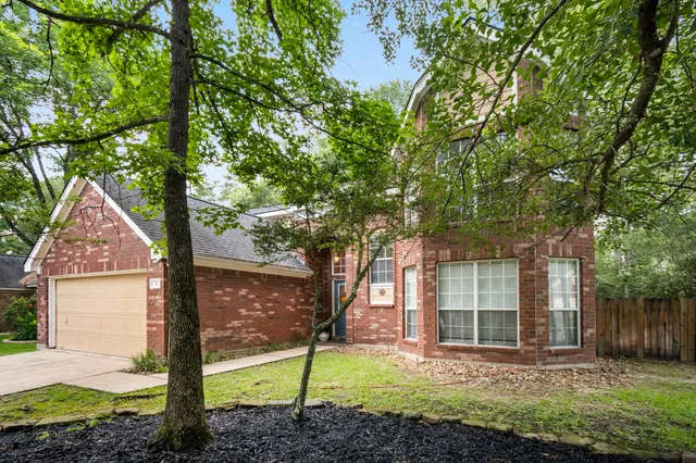 a backyard of a house with lots of trees and plants