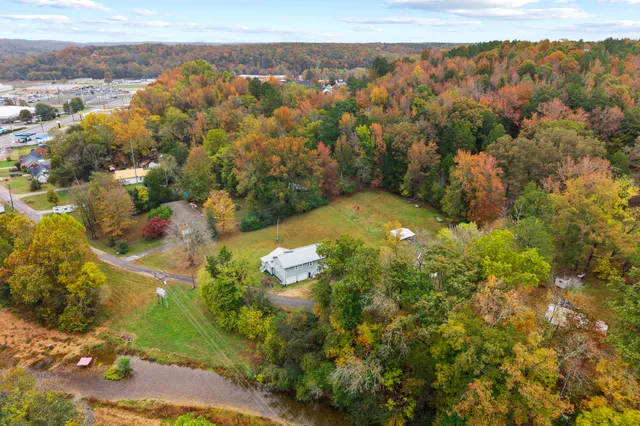 a view of a lake in middle of the town
