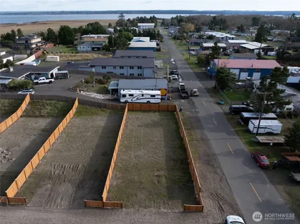 an aerial view of a house with a garden