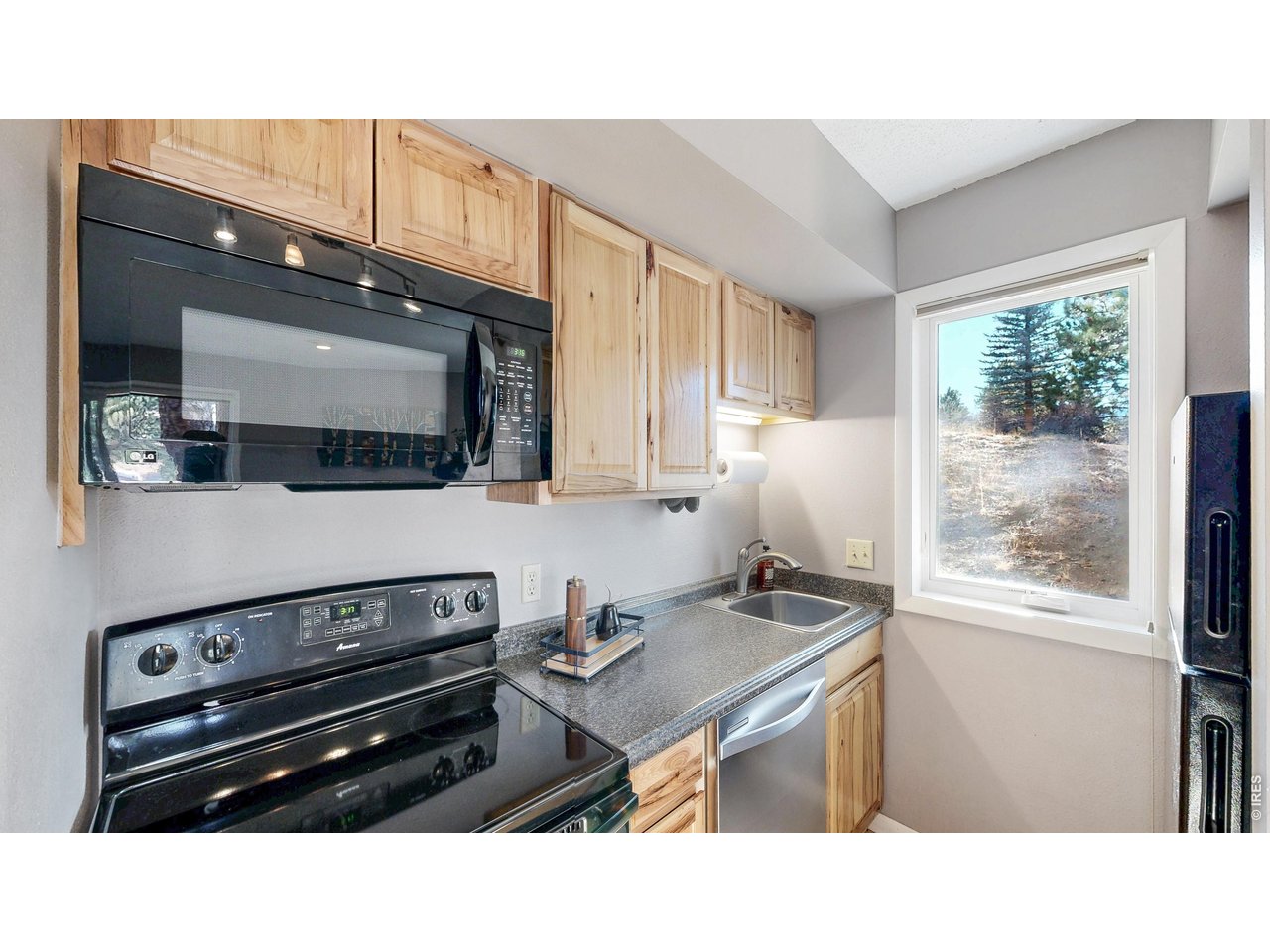200 Riverside Drive, Unit 1 Estes Park, CO 80517 - Photo 9 of 27 a kitchen with a stove a sink and a microwave