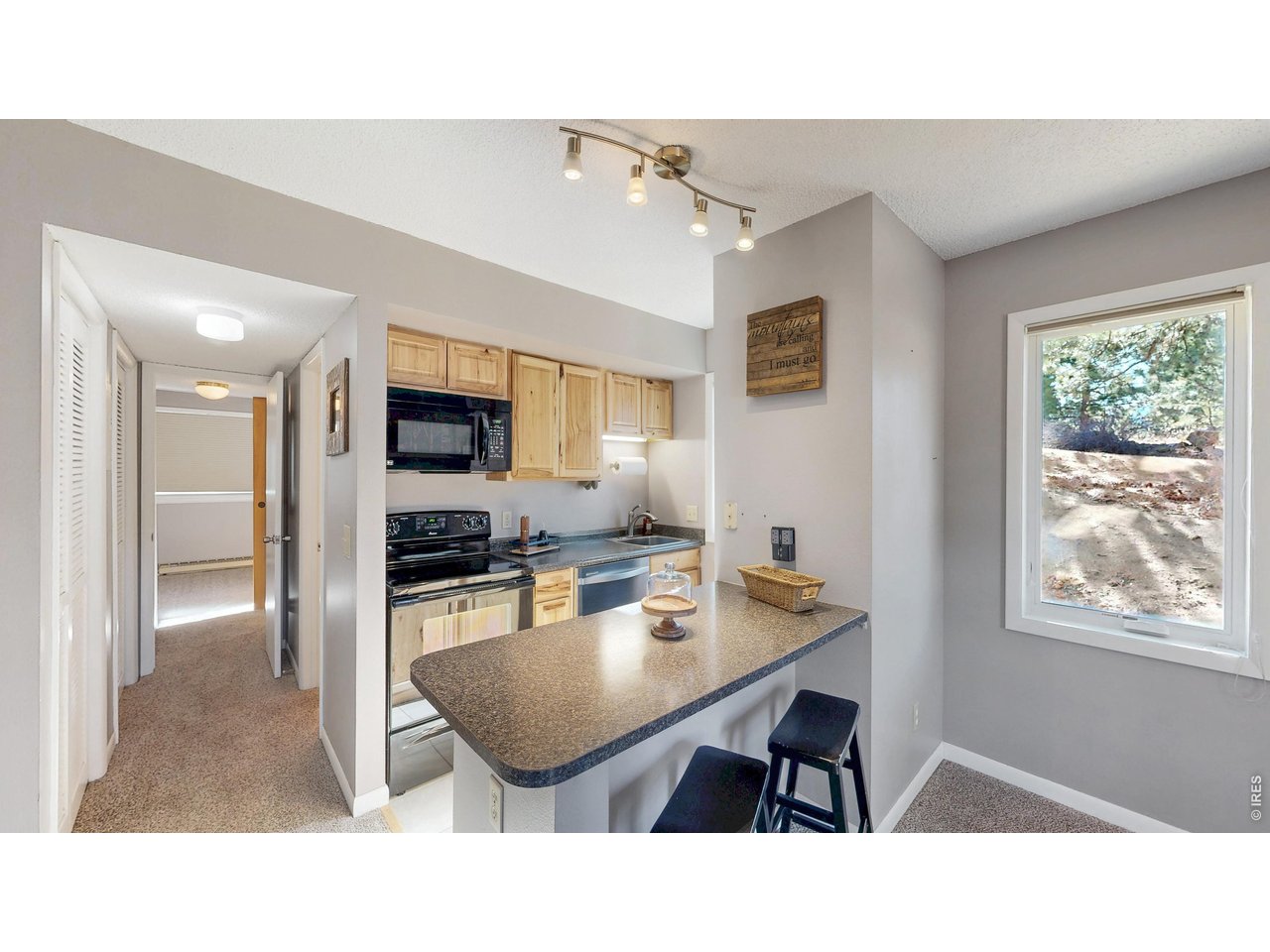 200 Riverside Drive, Unit 1 Estes Park, CO 80517 - Photo 5 of 27 a kitchen with a table chairs refrigerator and microwave