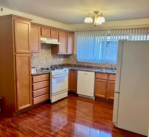 a kitchen with stainless steel appliances granite countertop wooden cabinets a stove a sink and a refrigerator