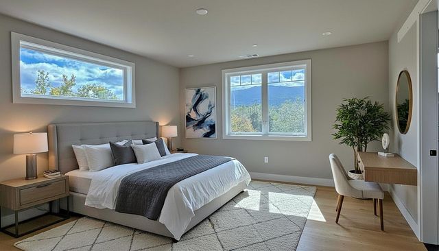 a bedroom with a large bed and a window