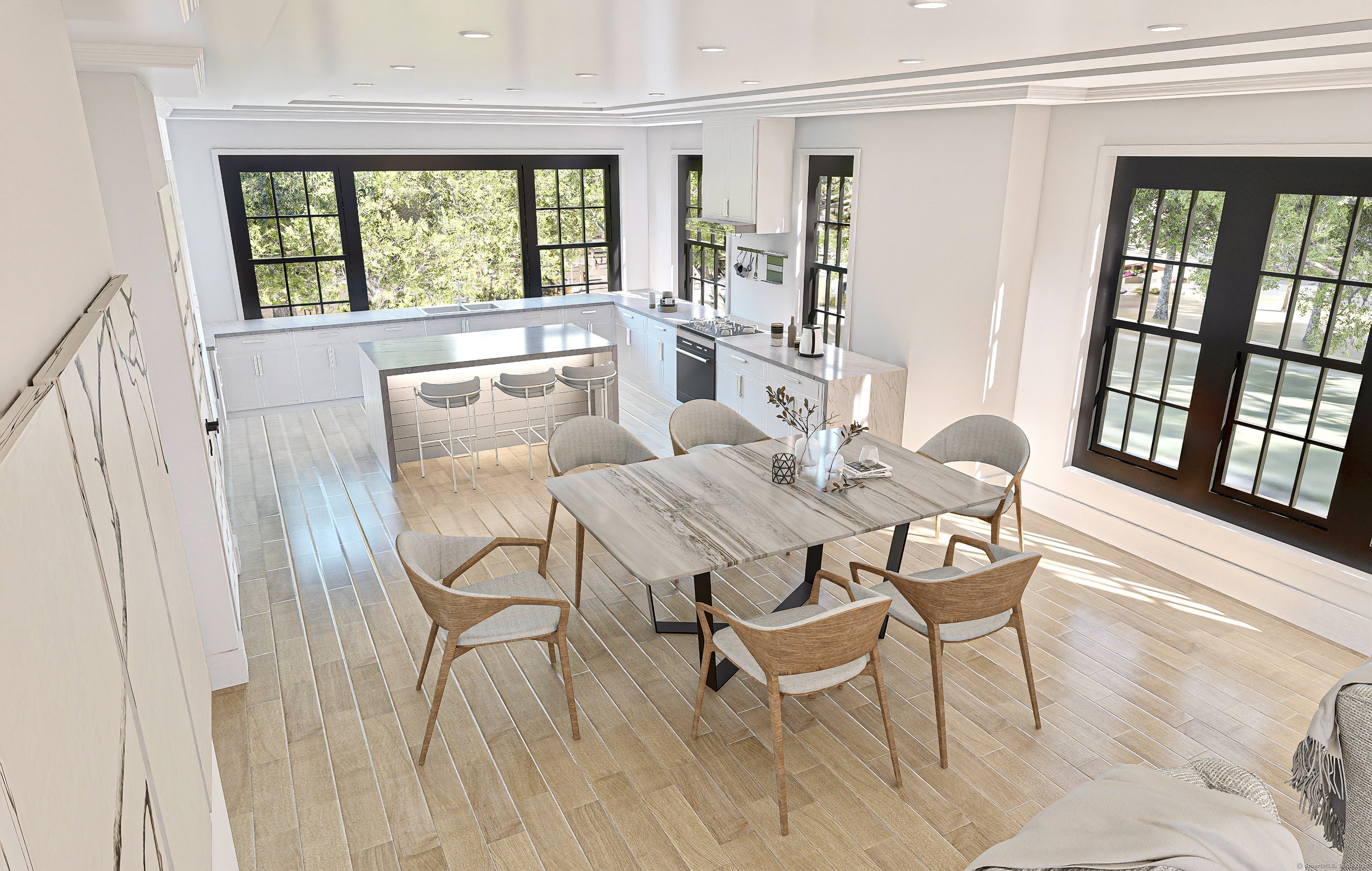 1008 Fairfield Beach Road Fairfield, CT 06824 - Photo 11 of 27 a view of a dining room with furniture large windows and wooden floor