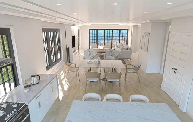 a view of a dining room with furniture a livingroom and chandelier