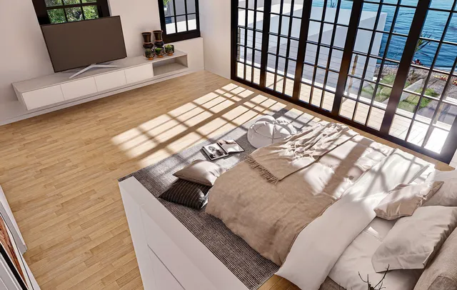 a view of balcony with couch and wooden floor