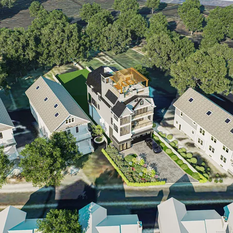 an aerial view of a house with a garden