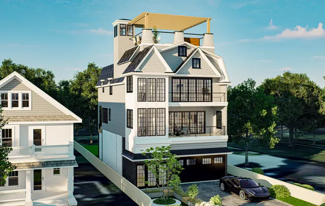 a view of a white house with large windows and a small yard