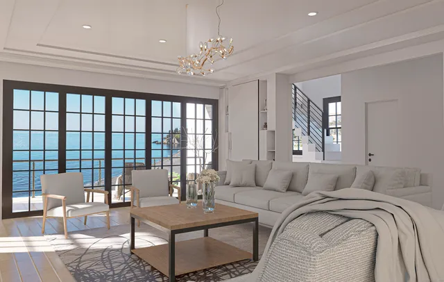 a bedroom with furniture and a chandelier