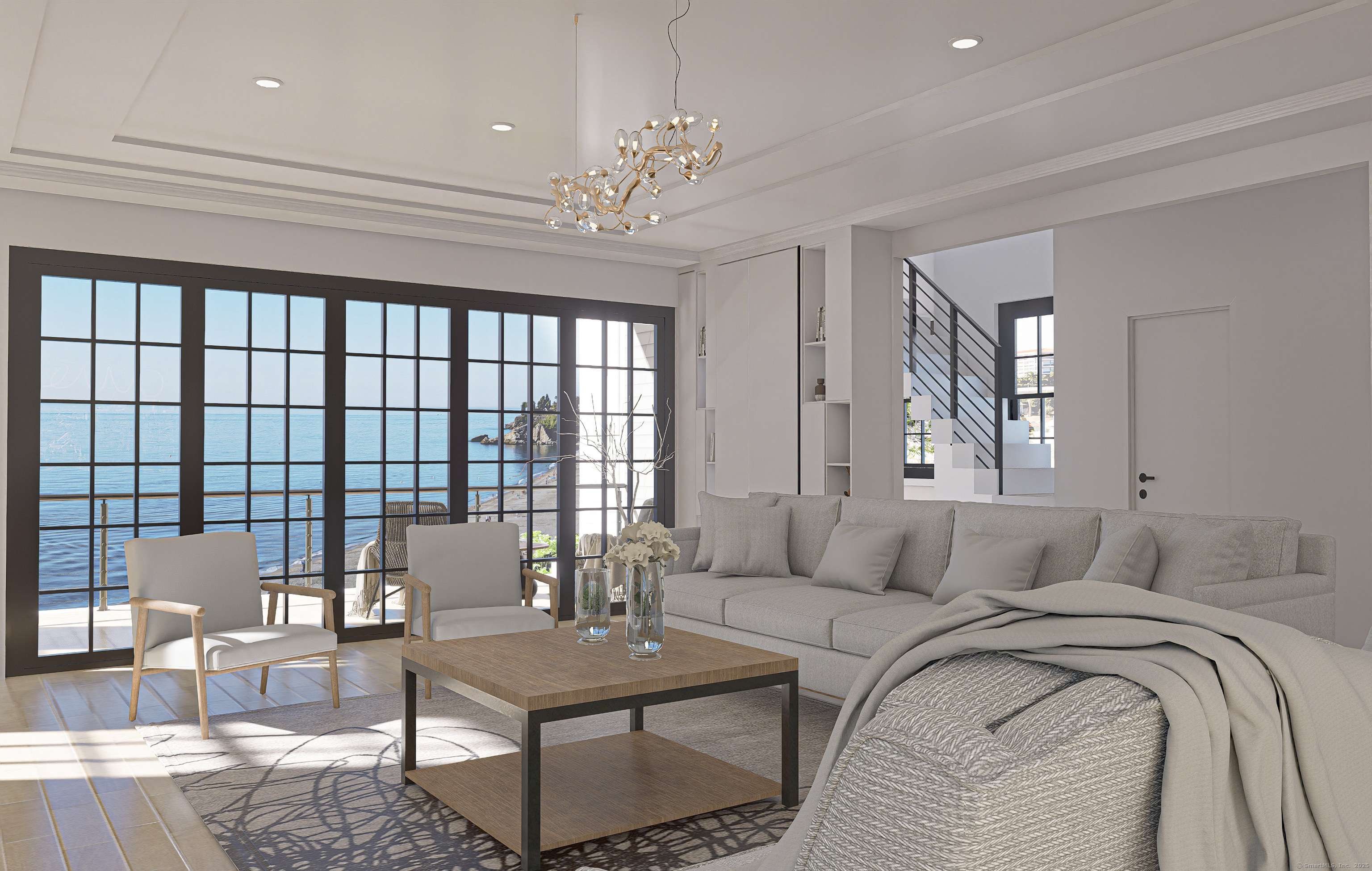 1008 Fairfield Beach Road Fairfield, CT 06824 - Photo 6 of 27 a bedroom with furniture and a chandelier