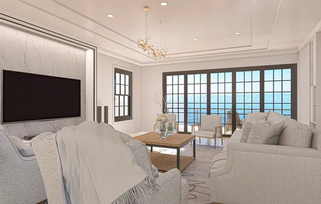 a living room with furniture a flat screen tv and a floor to ceiling window