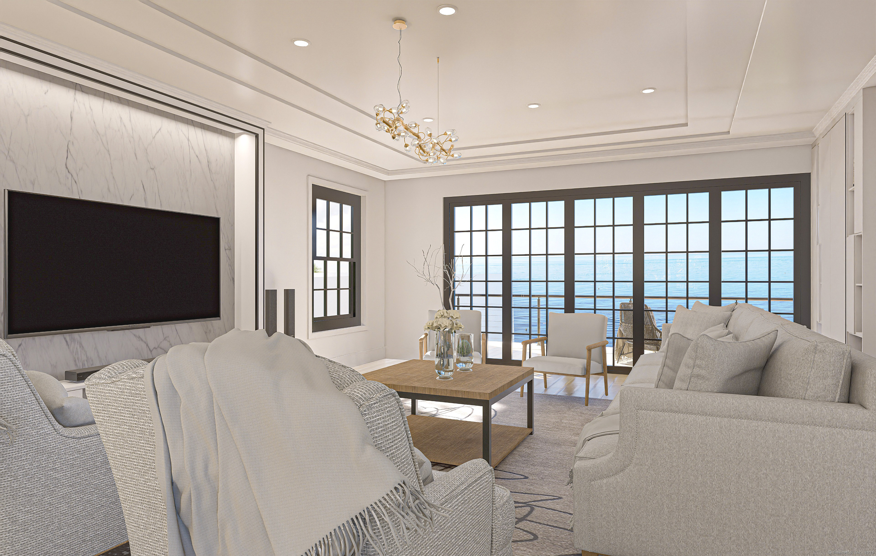 1008 Fairfield Beach Road Fairfield, CT 06824 - Photo 7 of 27 a living room with furniture a flat screen tv and a floor to ceiling window