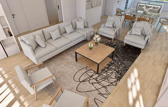 a living room with furniture and a rug