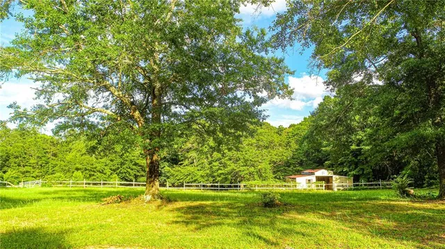 a view of a swimming pool with a big yard and large trees