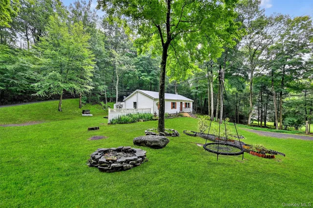 a garden view with a seating space