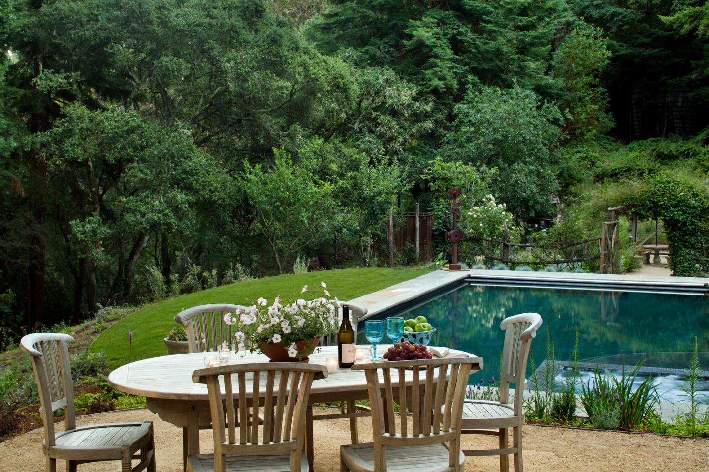 135 Summit Road Woodside, CA 94062 - Photo 7 of 27 a patio with wooden floor yard and outdoor seating