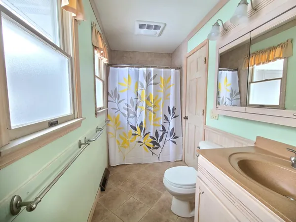 a bathroom with a sink a toilet and shower curtain